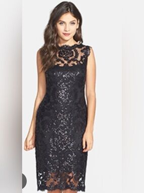 NWT Tadashi Shoji Black Sequin Illusion Lace Sheath Dress Size 8